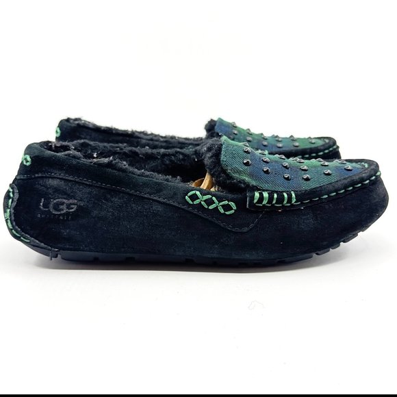 Ugg Slippers Womens Size 6 Ansley Stud Black Watch Tartan Uggpure Grunge Suede - Picture 2 of 10